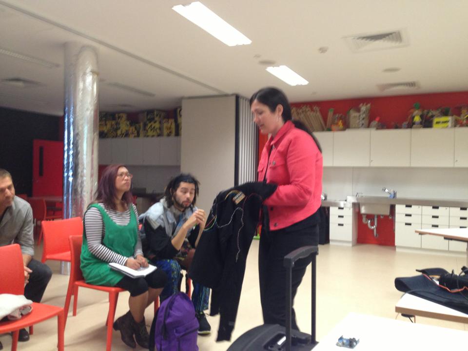 Donna Hewitt showing wearable prototype #1
